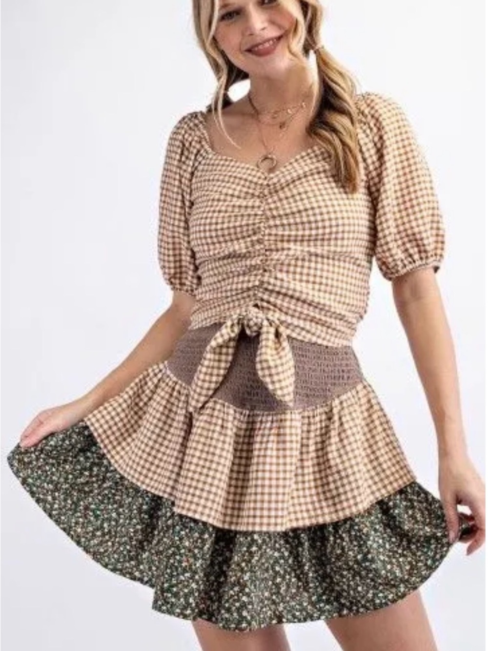 #1438 Easel Beige Gingham & Dark Floral Tiered Skirt Set